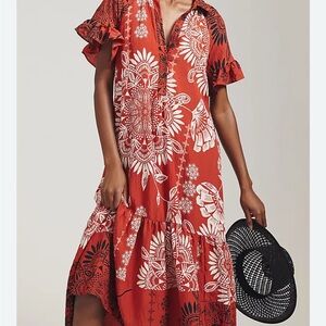 Anthropologie ruffle sleeve dark Orange Floral Maxi Dress